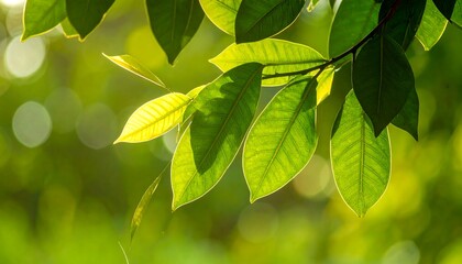 Sunlit green leaves on branch, bokeh background