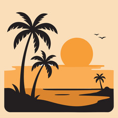 Tropical beach sunset silhouette palm trees ocean horizon birds sky