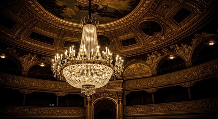 Fototapeta premium Opulent crystal chandelier in lavish baroque theater interior with ornate ceiling