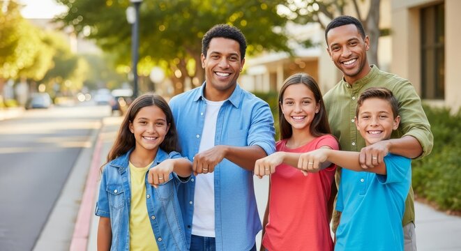 Portrait of a happy same sex male couple with their children outdoors.