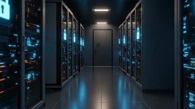 Server Room Data Security: An illuminating, data-driven perspective of a secure server room, highlighting the core of modern data storage and security.