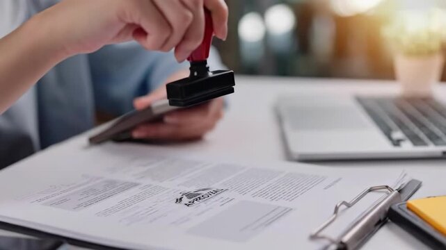 Stamp of Approval: A close-up shot of a person's hand pressing a stamp onto a document, symbolizing agreement and validation. This moment represents official sanction.