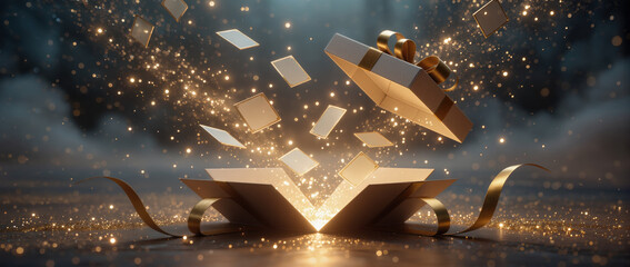 Magic gift box exploding with golden light and sparkle. wonderful surprise concept for celebration and fantasy