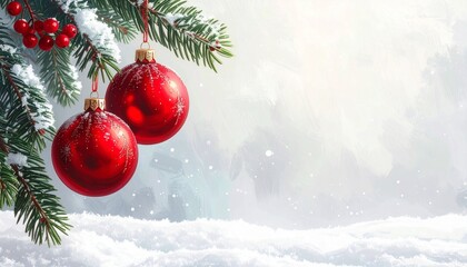 Snowy Pine Branches with Red Christmas Ornaments and Falling Snow
