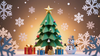 Origami Christmas tree with gift box and smiling snowman. festive holiday scene with snowflake for cheerful celebration