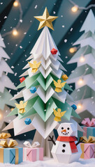 Joyful origami christmas tree with golden star, snowman, and gift boxes. festive papercraft winter holiday scene