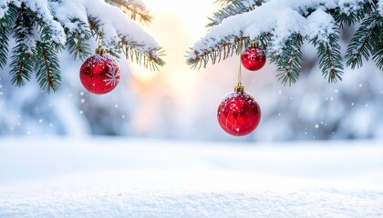 Snowy Pine Branches with Red Christmas Ornaments and Falling Snow