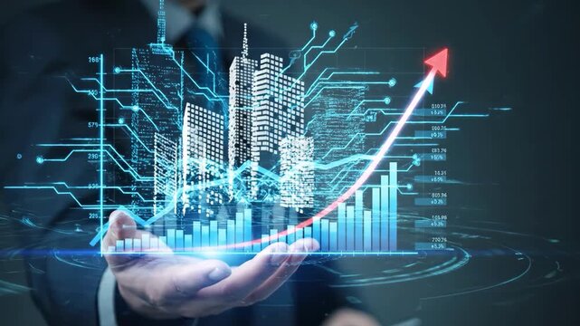 Skyward Trend: A digital cityscape rises from a man's open palm, with an arrow chart signifying growth, symbolizing innovation, progress, and the digital economy. - Powered by Adobe