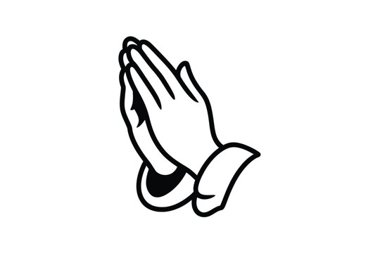 A graphic depiction of praying hands in black and white line drawing style