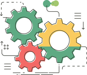 Illustration of three interconnected gears in green yellow and red with lines