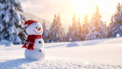 Cheerful Snowman in Sunny Snowy Landscape with Evergreen Trees