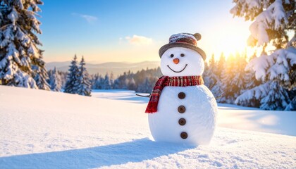 Cheerful Snowman in Sunny Snowy Landscape with Evergreen Trees