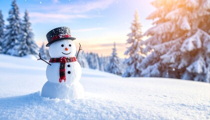 Cheerful Snowman in Sunny Snowy Landscape with Evergreen Trees