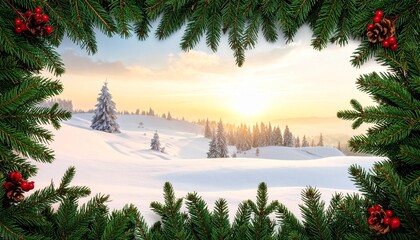 Festive Winter Landscape with Snowy Mountains and Holiday Decor