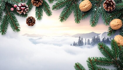 Festive Winter Landscape with Snowy Mountains and Holiday Decor