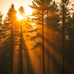 Breathtaking sunrise through majestic pine trees with sunbeams cutting through fog