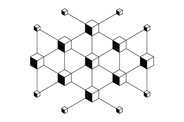 Isometric grid of cubes connected by lines with some cubes having black faces
