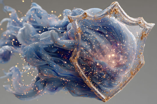 Abstract Shield with Swirling Smoke and Sparkling Particles for Dynamic Design