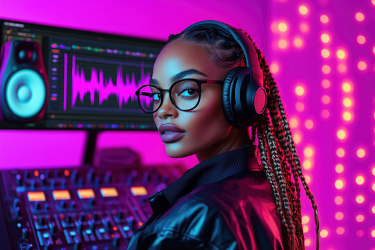 Female music producer wearing headphones and glasses working in neon-lit recording studio with audio mixer and monitor screen sound engineer concept