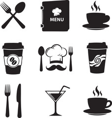 Restaurant Icons Set: Black & White Vector Graphics of Menu, Coffee, Chef Hat, Utensils, & Drink for Food Industry Design