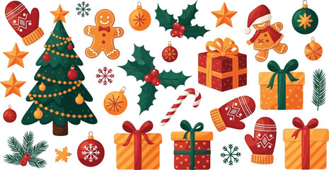 Collection of festive christmas decorations including gifts ornaments gingerbread cookies and holly