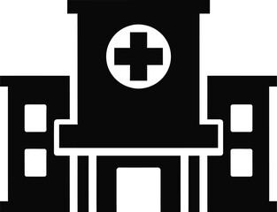 Clean Black and White Silhouette of a Hospital Building with Prominent Cross Symbol | Healthcare and Medical Icon Vector