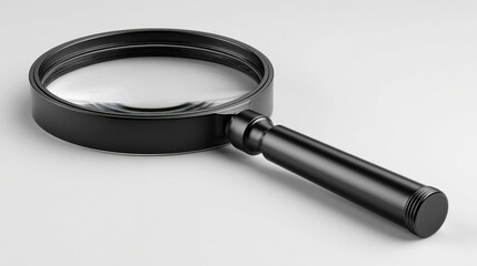 3D black magnifying glass with minimal design, chunky proportions and soft matte plastic, simple studio lighting, centered on white background, modern digital product concept.