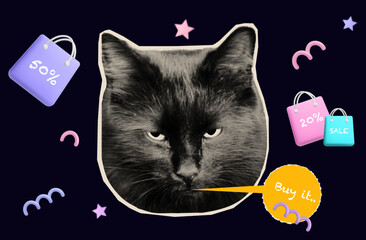 Big discounts. A black cat advertises a mega sale. Low prices, great discounts. Scrapbook elements for a collage, cut out pieces of magazine paper. Cat head with speech bubble and bags. Vector banner.