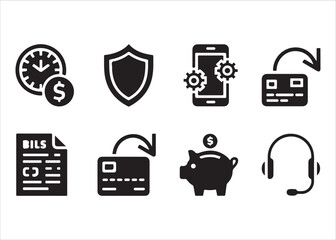 Financial services icons representing time money security mobile payment savings and support