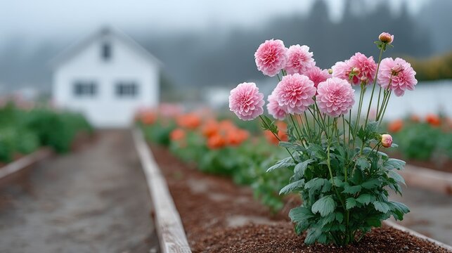 Close up of vibrant pink dahlia flowers blooming in a rustic garden with rows of orange flowers and a white farmhouse in the soft morning mist