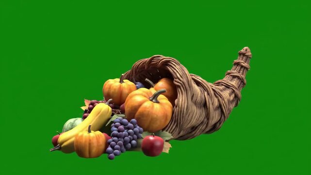 Animated 3D cornucopia with autumn fruits and vegetables on greenscreen