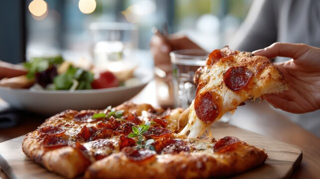 Sharing pepperoni Chicago pizza with melty cheese at a restaurant table