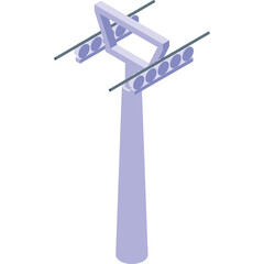 Isometric illustration of a cable car support tower structure with a grey pole and metallic grey circular elements against a clean white background in a simple design
