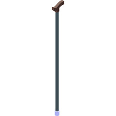 Isometric icon of a cane with a brown handle and blue tip on a transparent background representing mobility aid or vintage accessory