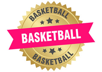 basketball. basketball round pink and gold label isolated on transparent background