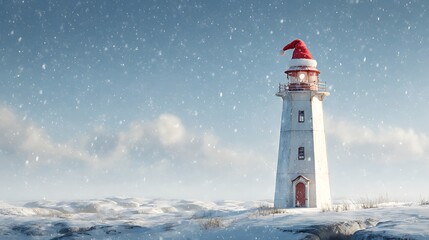 A festive lighthouse wearing a santa hat in a snowy landscape