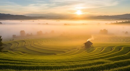 Fototapeta premium Rice Terraces at Sunrise with Fog and Small Hut in Landscape