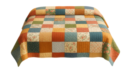 A hand-stitched patchwork bedspread in vibrant fabrics for a cozy cottage bedroom.