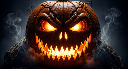 Spooky orange jack o lantern with glowing eyes and jagged mouth filled with fire and smoke halloween