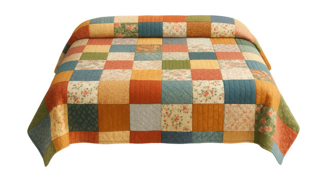 A hand-stitched patchwork bedspread in vibrant fabrics for a cozy cottage bedroom.