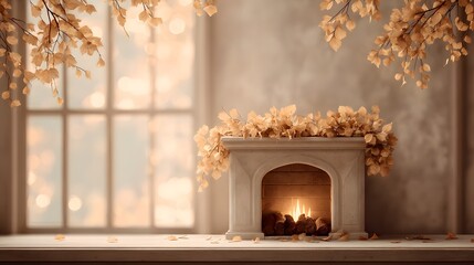 Autumn farmhouse lounge interior INTENTIONALLY BLURRED IMAGE glowing fireplace and blurred golden leaves on mantel
