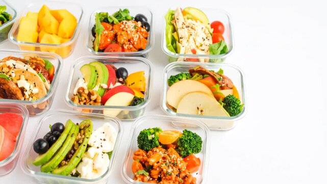 A vibrant array of prepared meal containers filled with diverse, fresh, and healthy ingredients