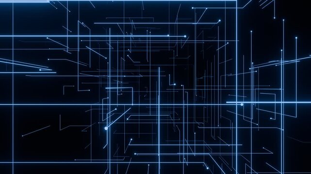 Abstract Futuristic Glowing Digital Data Network Connections. For Artificial Intelligence Systems, Cyber Technology,  Quantum computing. Seamless loop background. Created using non-AI 3d software