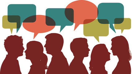 Silhouettes with speech bubbles above them silhouettes, speech, bubbles, people, communication, dialogue, conversation, heads, profiles, talking, sharing, ideas, thoughts, opinions, groups, crowd,