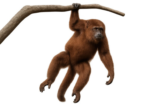 Red howler monkey hanging from dry tree branch, brown fur primate isolated on transparent background