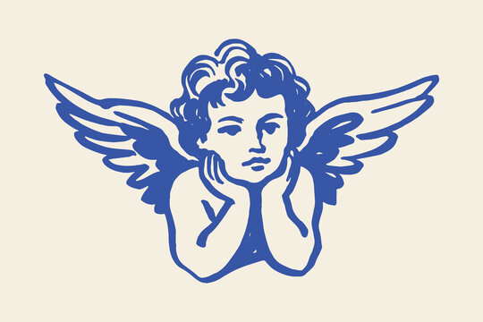 cherub with wings sketch blue brush line vector illustration