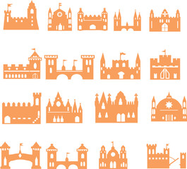 Cartoon Castle and Fortress Silhouettes Vector Icon Set: Orange Medieval Architecture and Fairy Tale Royal Palace Symbols