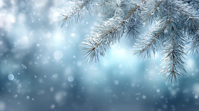 A beautiful winter scene with frost-covered pine branches under a soft, blurred background.