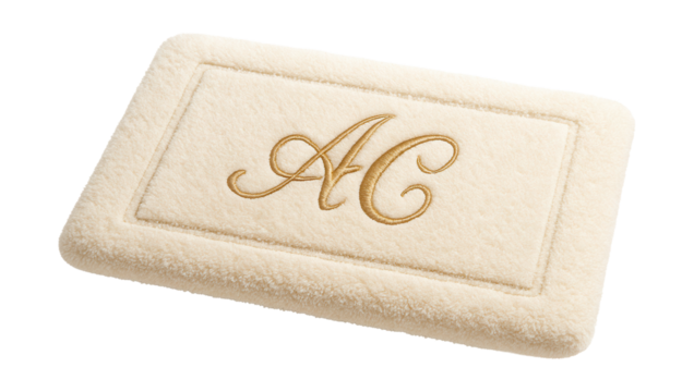 Custom-embroidered bath mat for a master suite, featuring personalized initials.