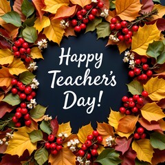 A festive and vibrant arrangement of autumn leaves, berries, and small white flowers, The leaves exhibit a spectrum of colors, including shades of green, yellow, and brown